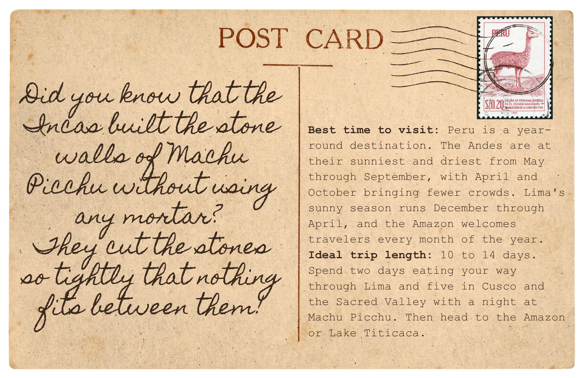 A vintage postcard with handwritten text on the left side and printed text on the right side. The postcard features a stamp from Peru with a llama illustration.