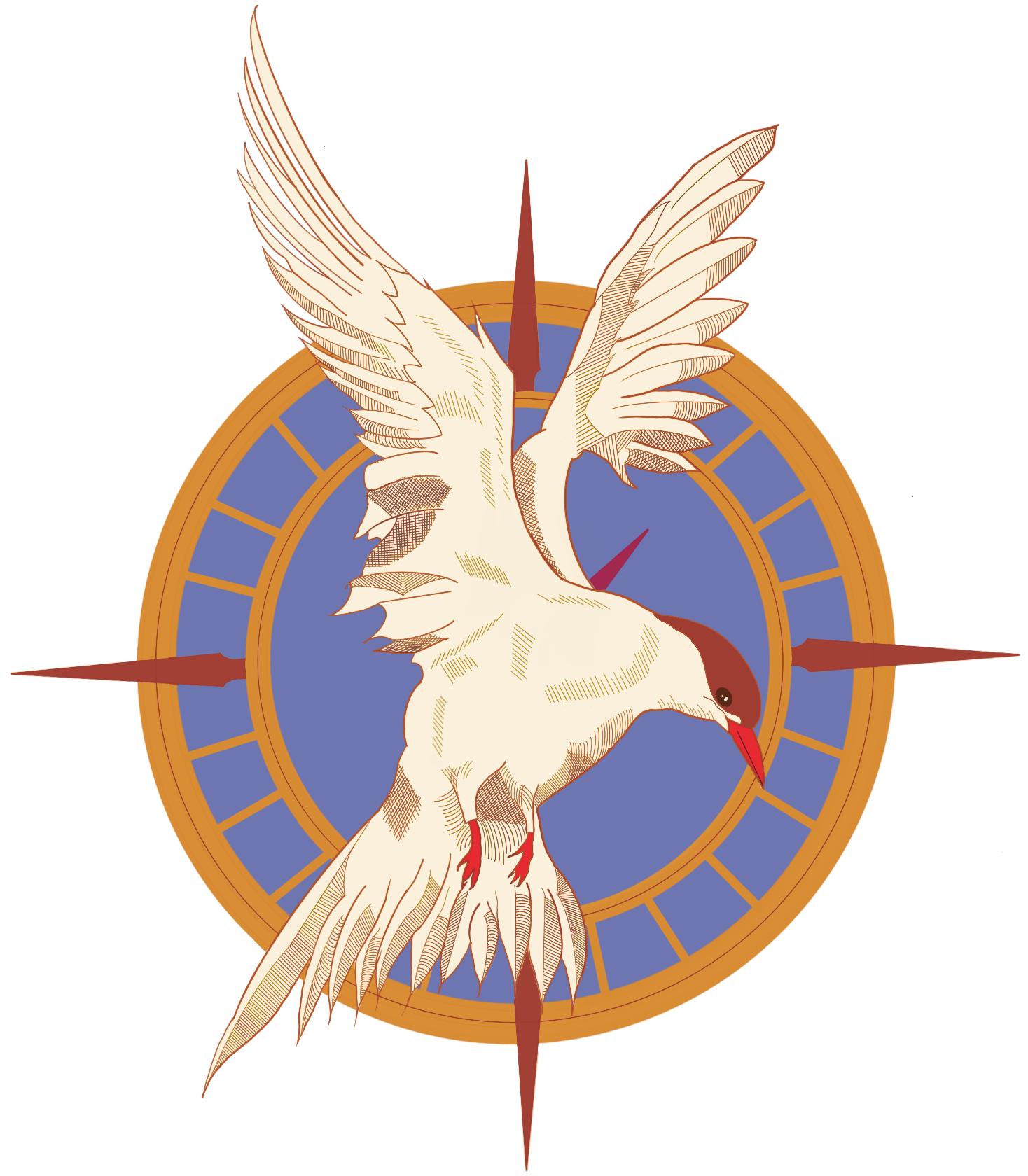 a white bird with maroon accents flying in front of a compass face with gold and blue colors