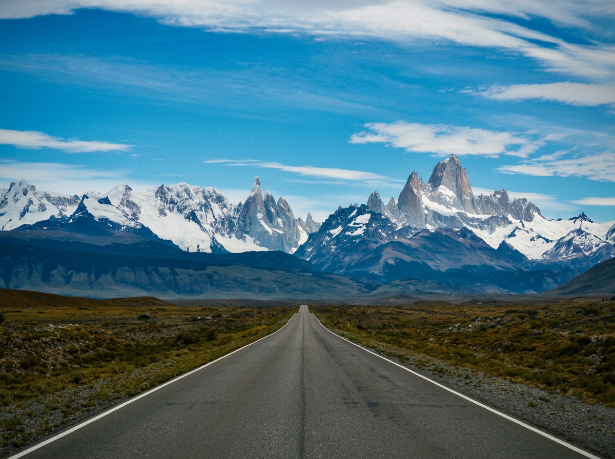 A long road stretching across the steppe toward the snowy spires of the Fitz Roy massif near El Chaltén.