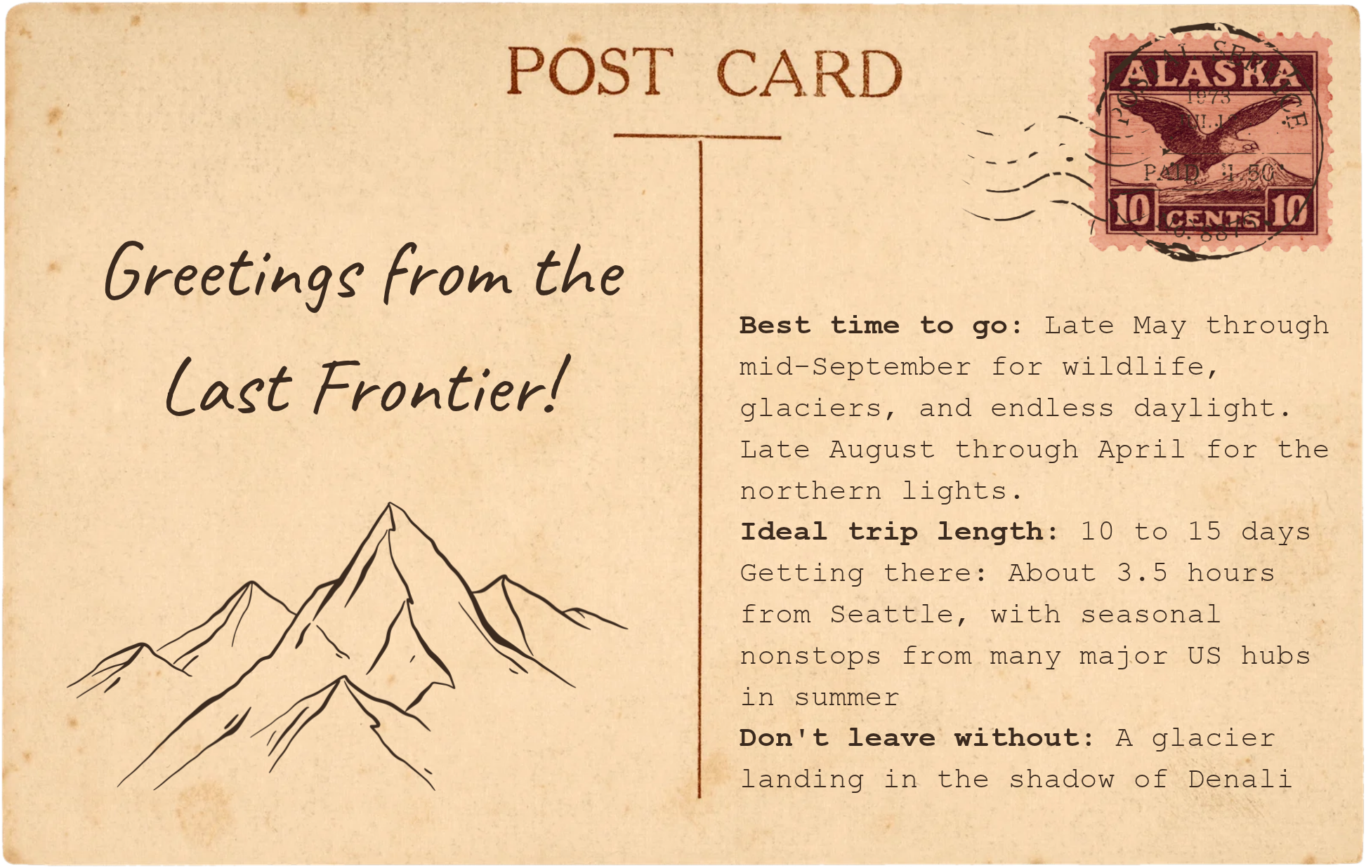 Vintage Alaska postcard with travel tips on the best time to visit, ideal trip length, and Denali glacier landings