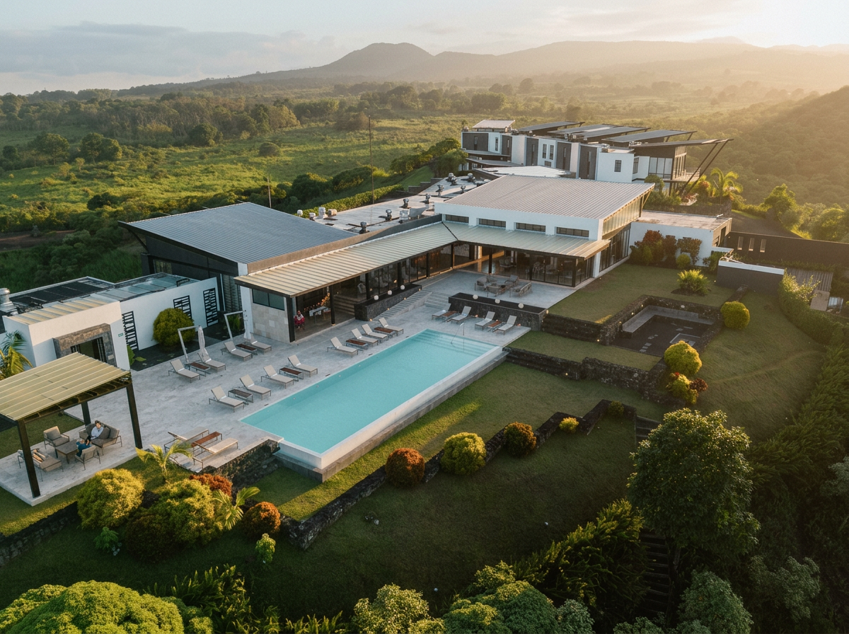 Aerial view of a Pikaia Lodge with a turquoise pool, lounge chairs, and shaded terraces set among green Galápagos highlands.