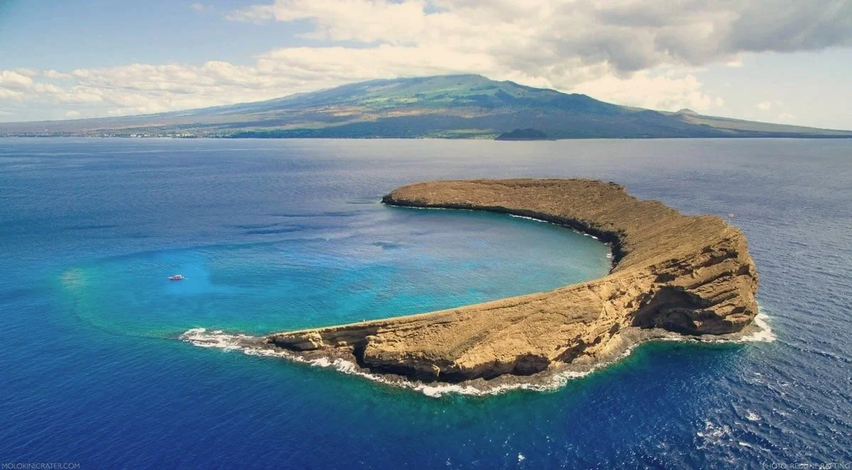 Aerial view of the crescent-shaped Molokini Crater off the coast of Maui, Hawai'i