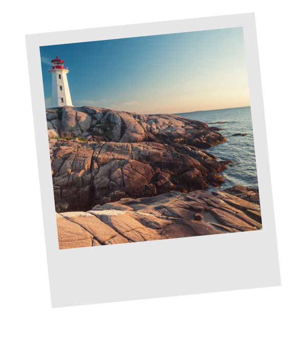 Sunset over the granite boulders and coastline at Peggy's Cove, Nova Scotia