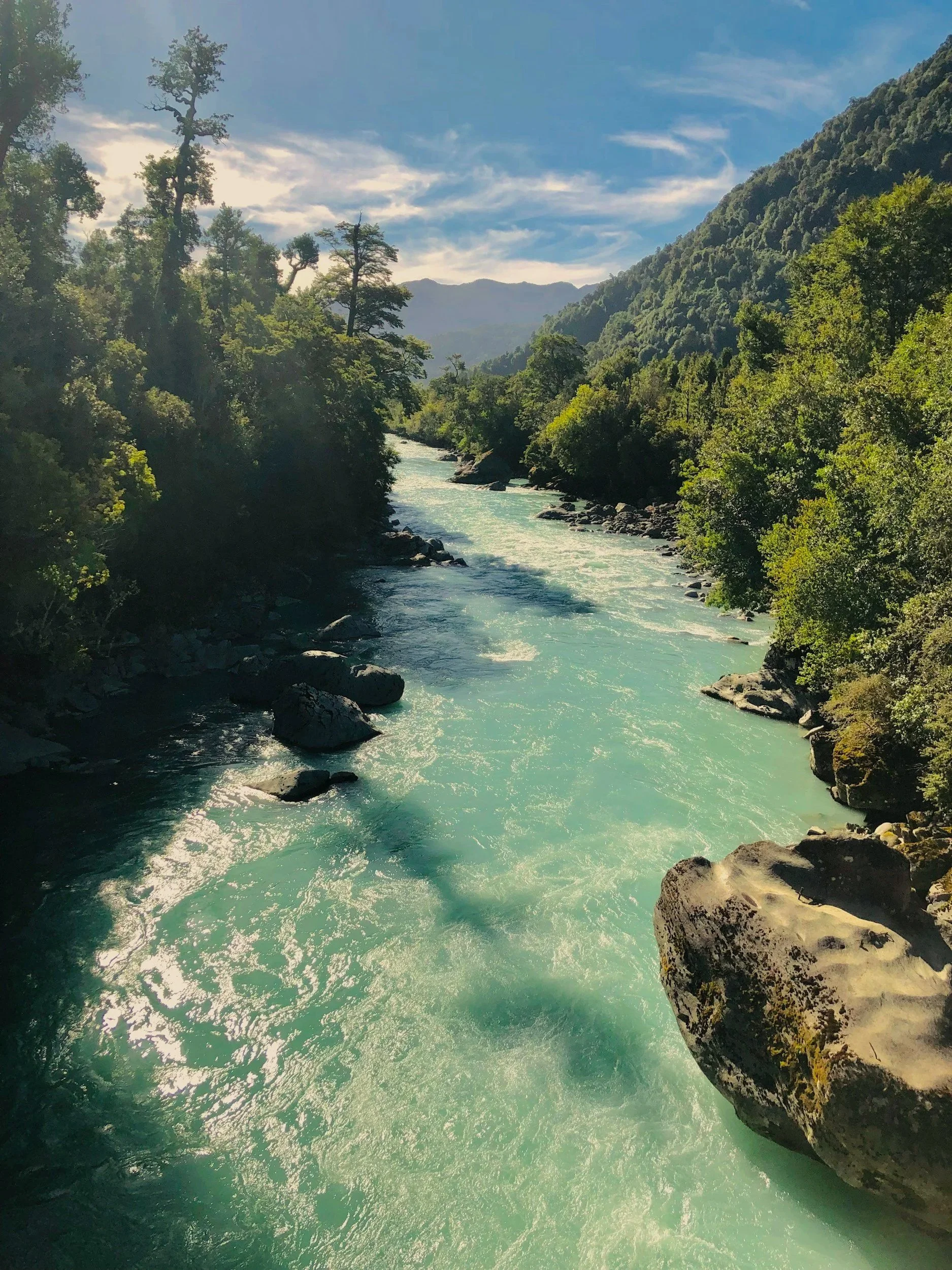 A turquoise river rushing through a lush forested valley in northern Patagonia.