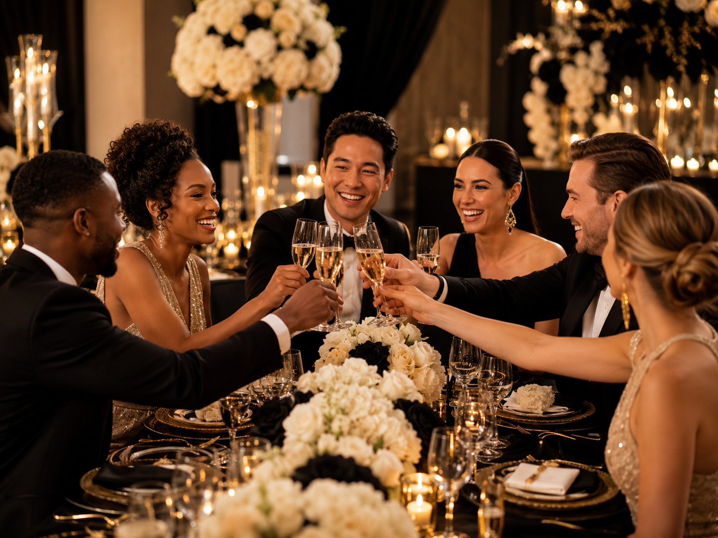 A group of six diverse adults in formal attire having a toast at a luxurious dinner party with elegant floral arrangements and candlelit decor.