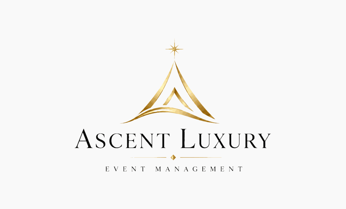 Gold and black logo for Ascent Luxury Event Management with a stylized mountain and star.
