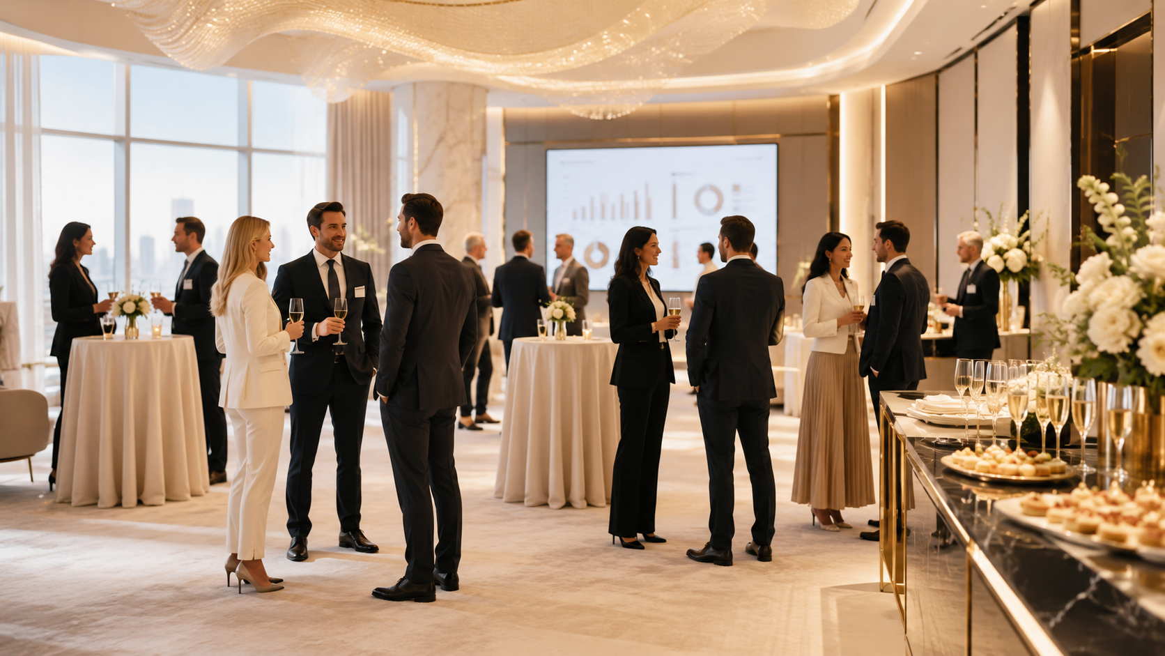 Business professionals socializing at a corporate networking event in a modern, elegant conference room with large windows, high ceilings, and a large presentation screen in the background. Guests are holding glasses of champagne and are dressed in formal business attire.