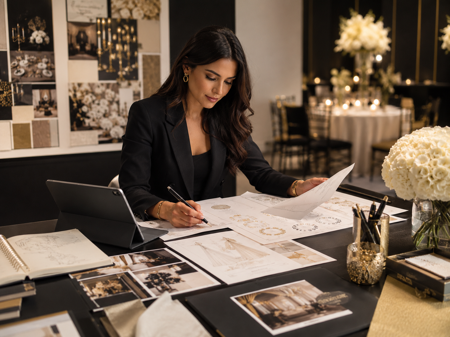 A woman in a black blazer working on a design project at a table covered with sketches, images, and floral arrangements, in an elegant event planning or floral design studio.