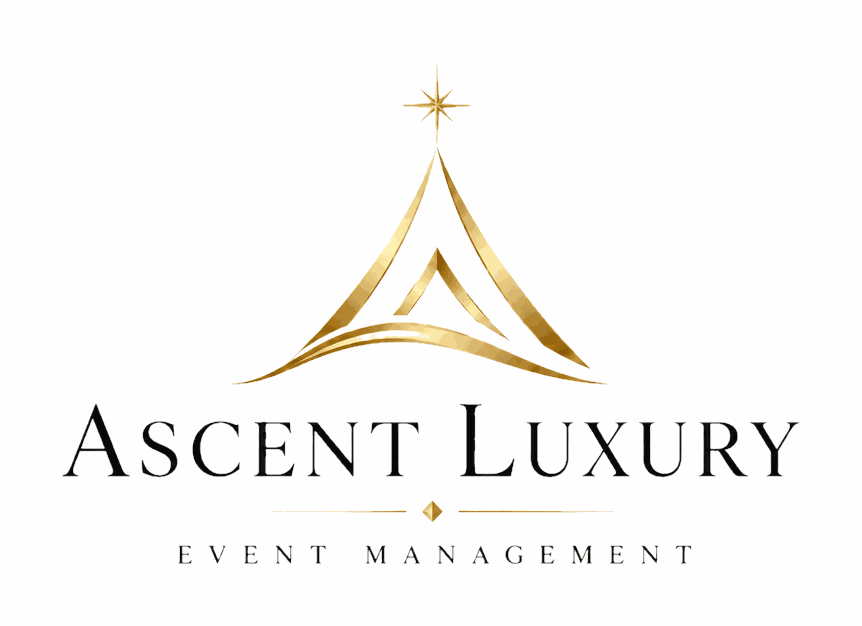 Logo for Ascent Luxury Event Management featuring a stylized gold tent with a star on top, the company name in black, and a gold line with a diamond shape below with the words 'Event Management'.