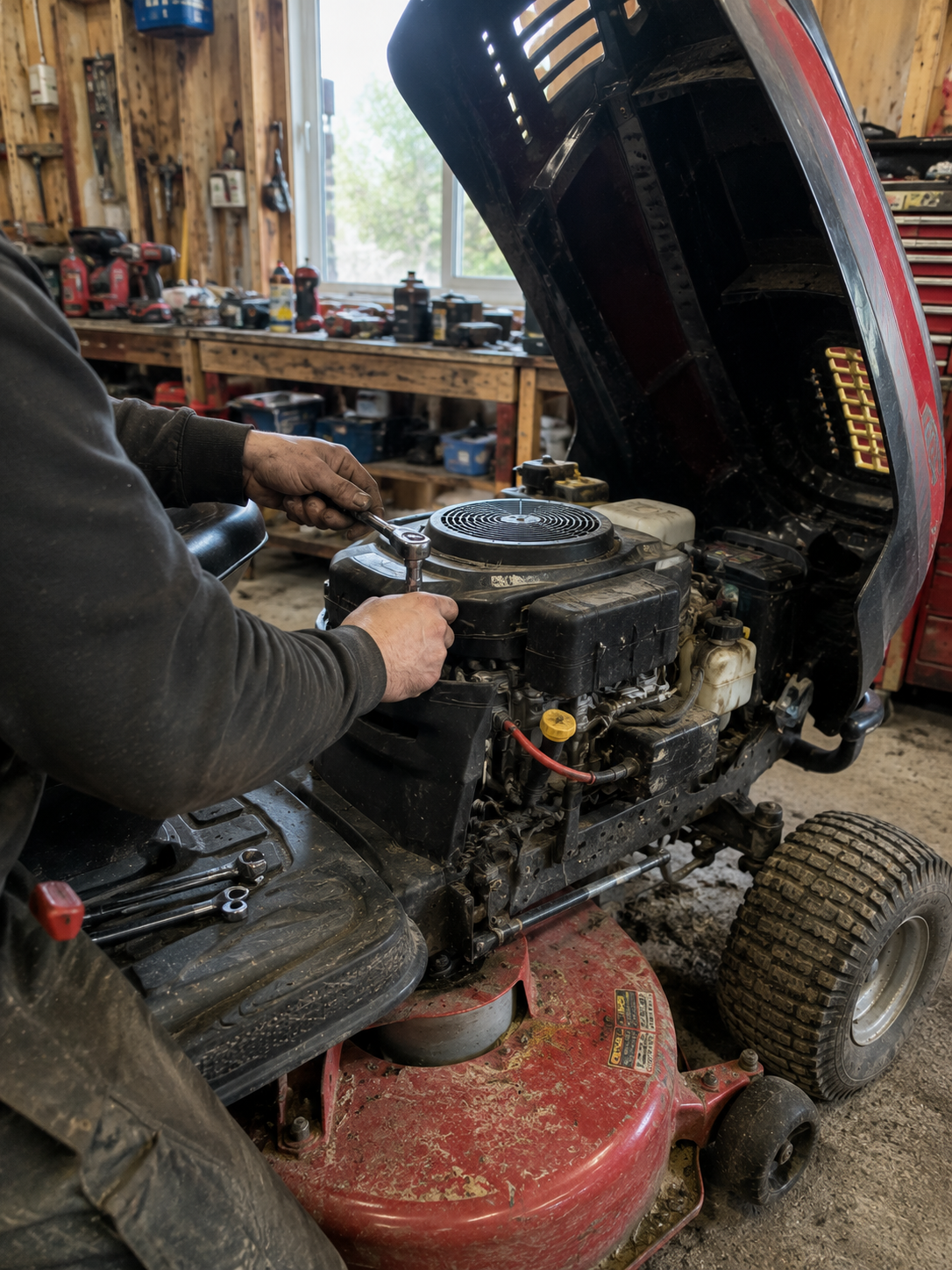 Riding mower engine being serviced during a lawn tractor tune-up