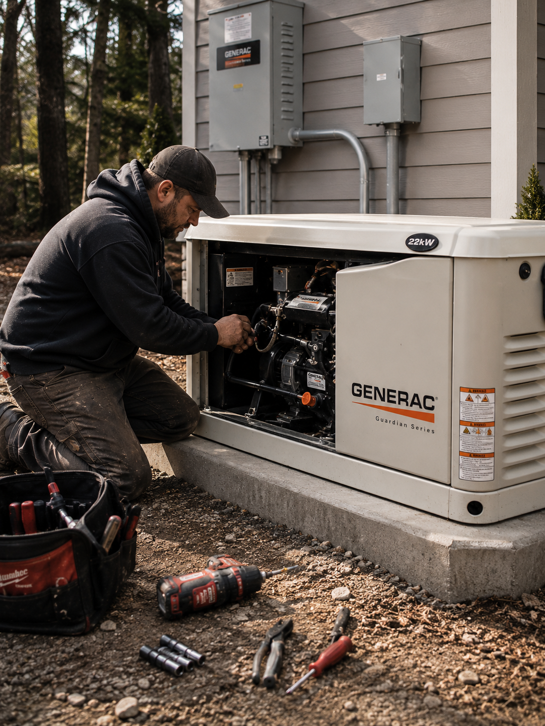 Standby home generator being installed and serviced