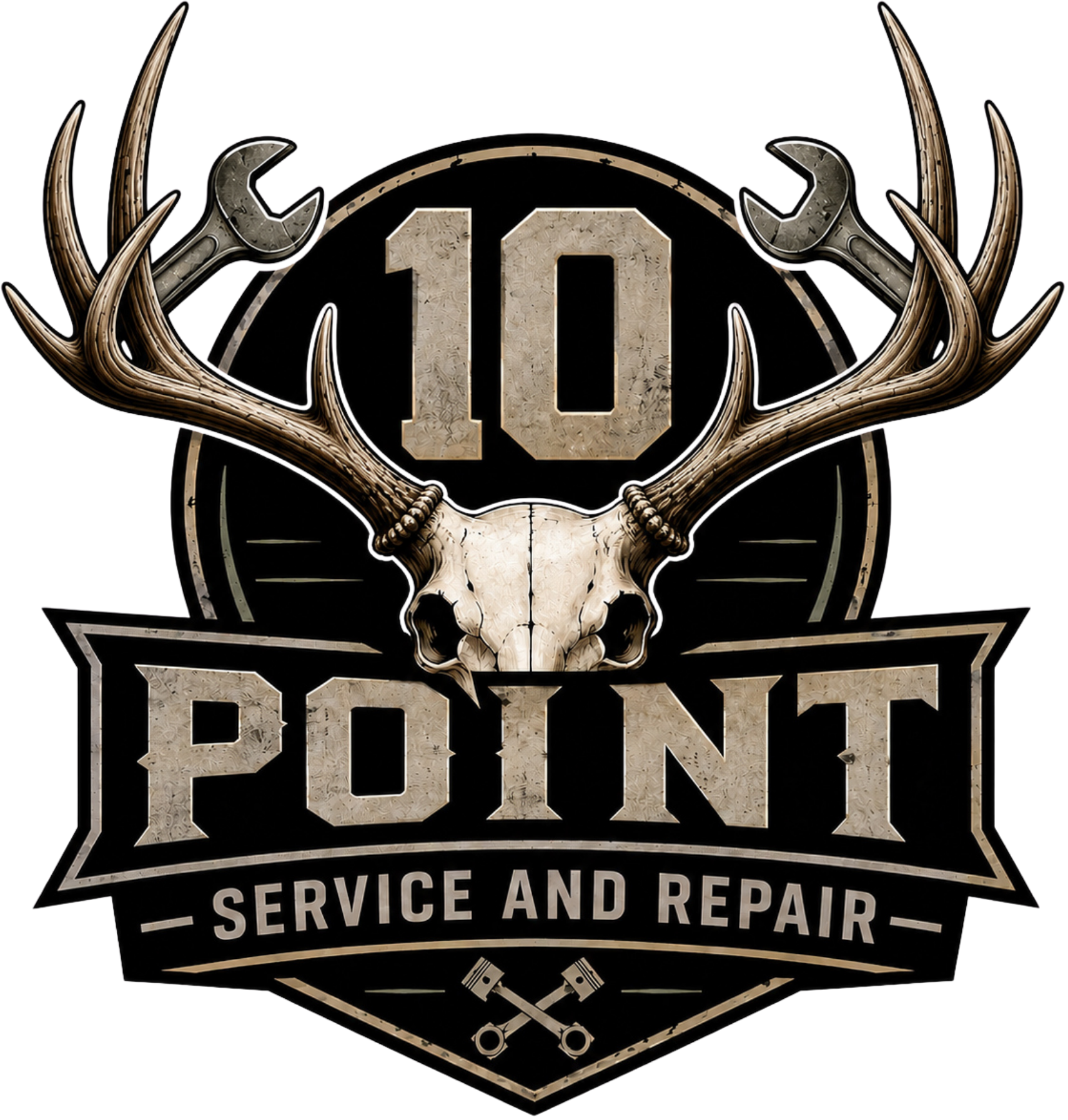 Logo for 10 Point Service and Repair with the words '10' and 'Point' and a deer skull with antlers in the background, crossed wrenches and pistons at the bottom.
