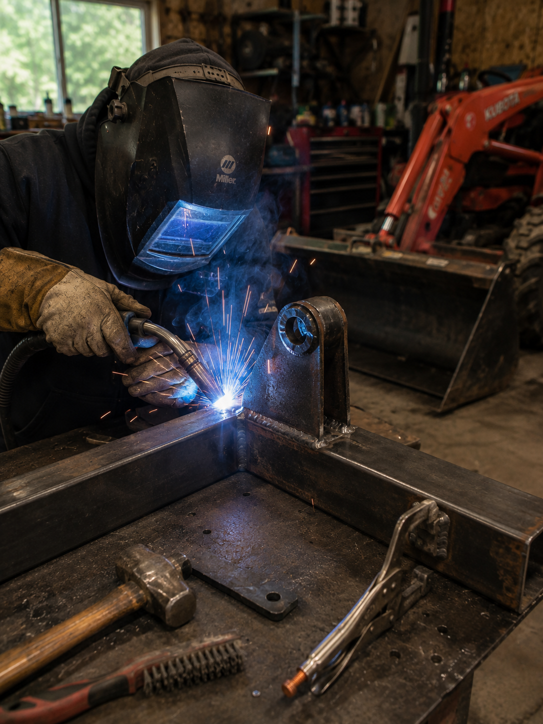 Welding repair on a steel equipment frame in the shop
