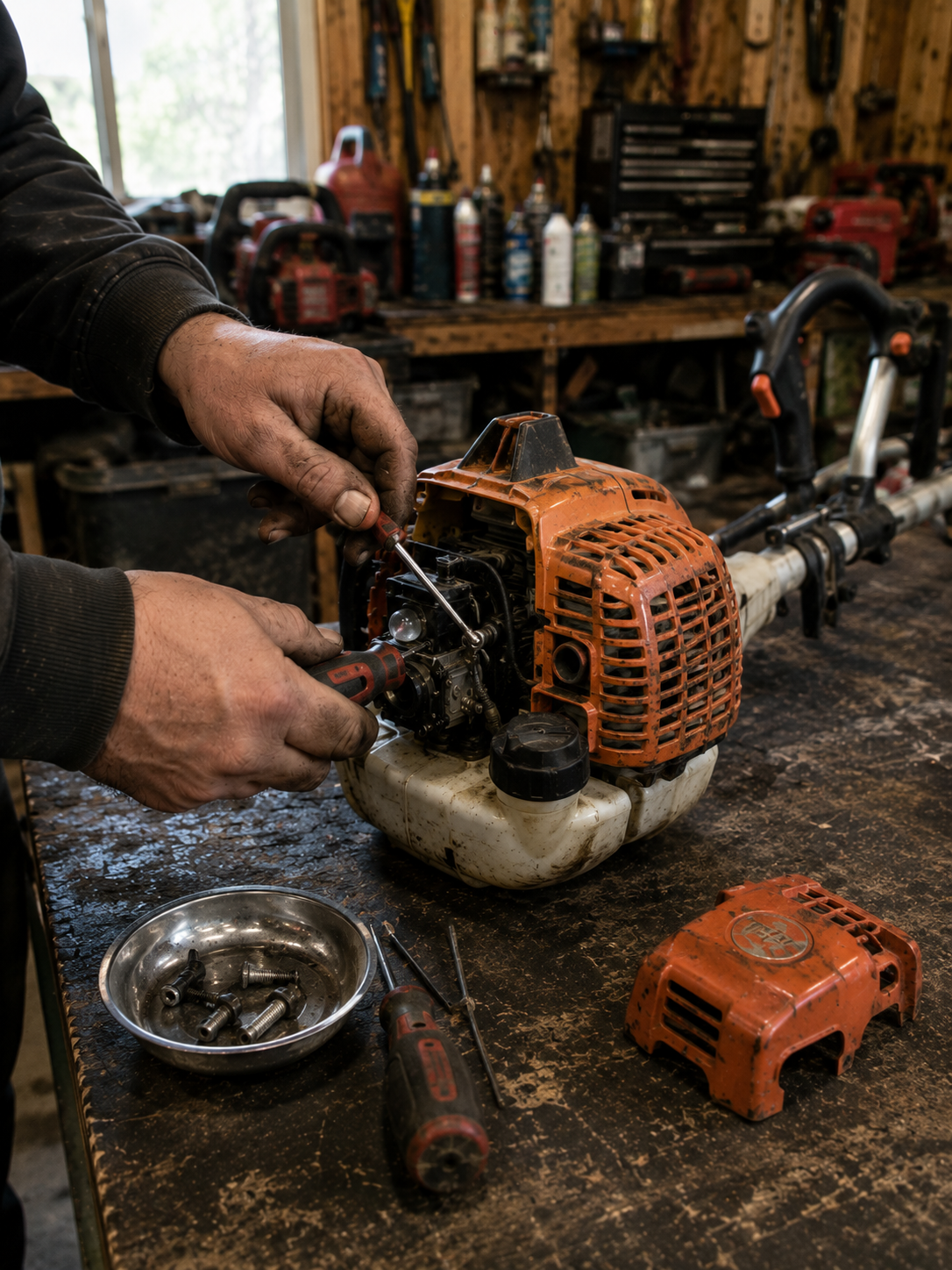 String trimmer engine being repaired on a workbench