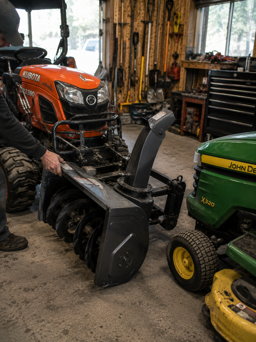 Snowblower attachment fitted to a compact tractor for a seasonal swap-over