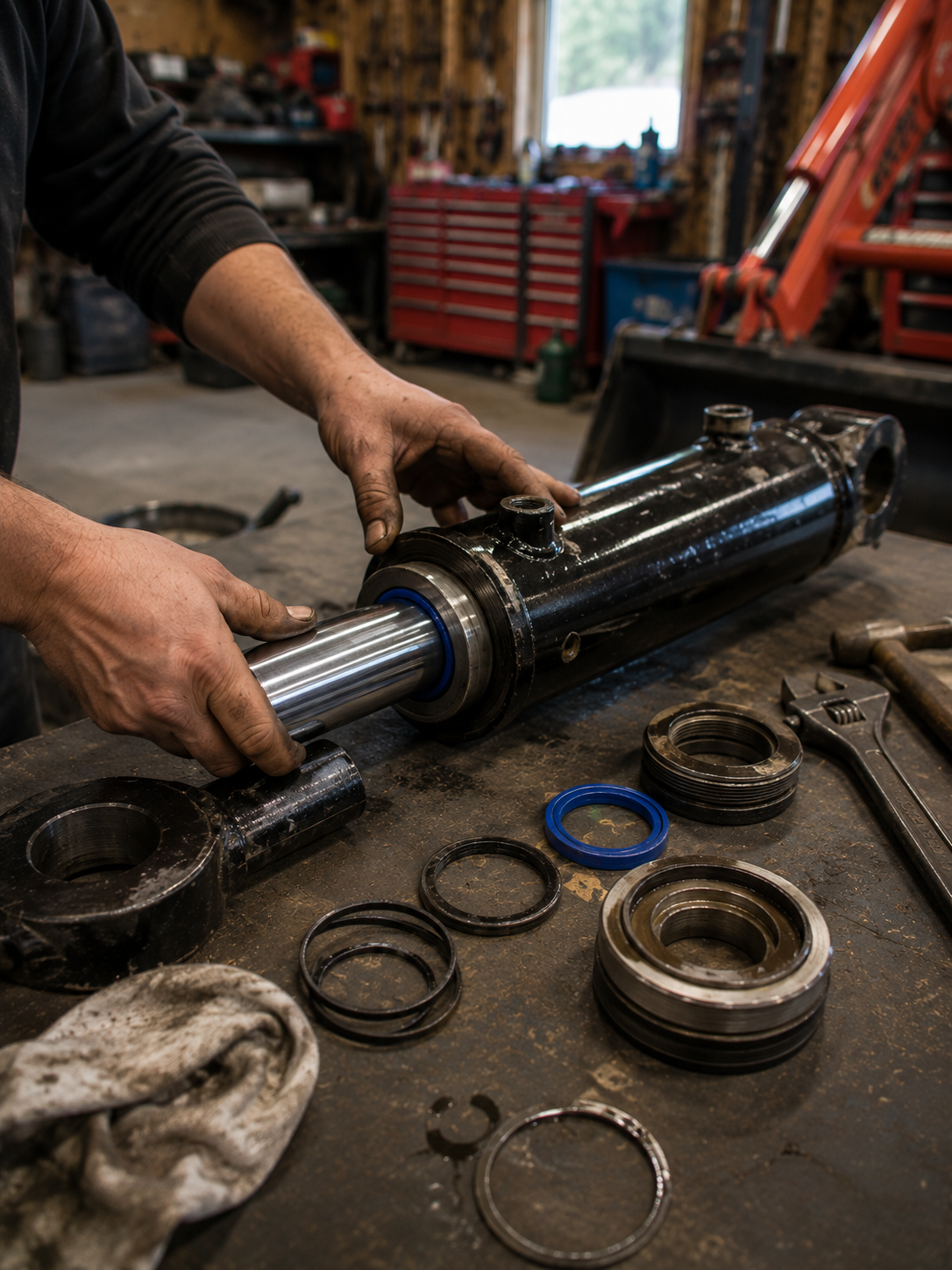 Hydraulic cylinder being rebuilt with a new seal kit