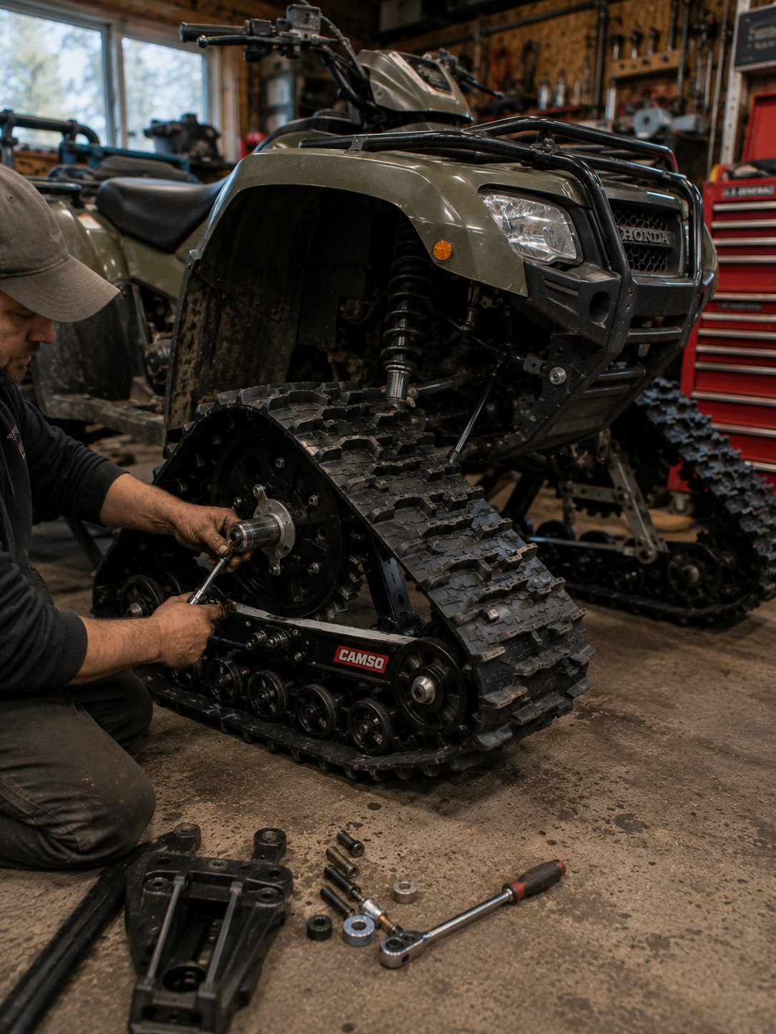 ATV track system being installed on a four wheeler