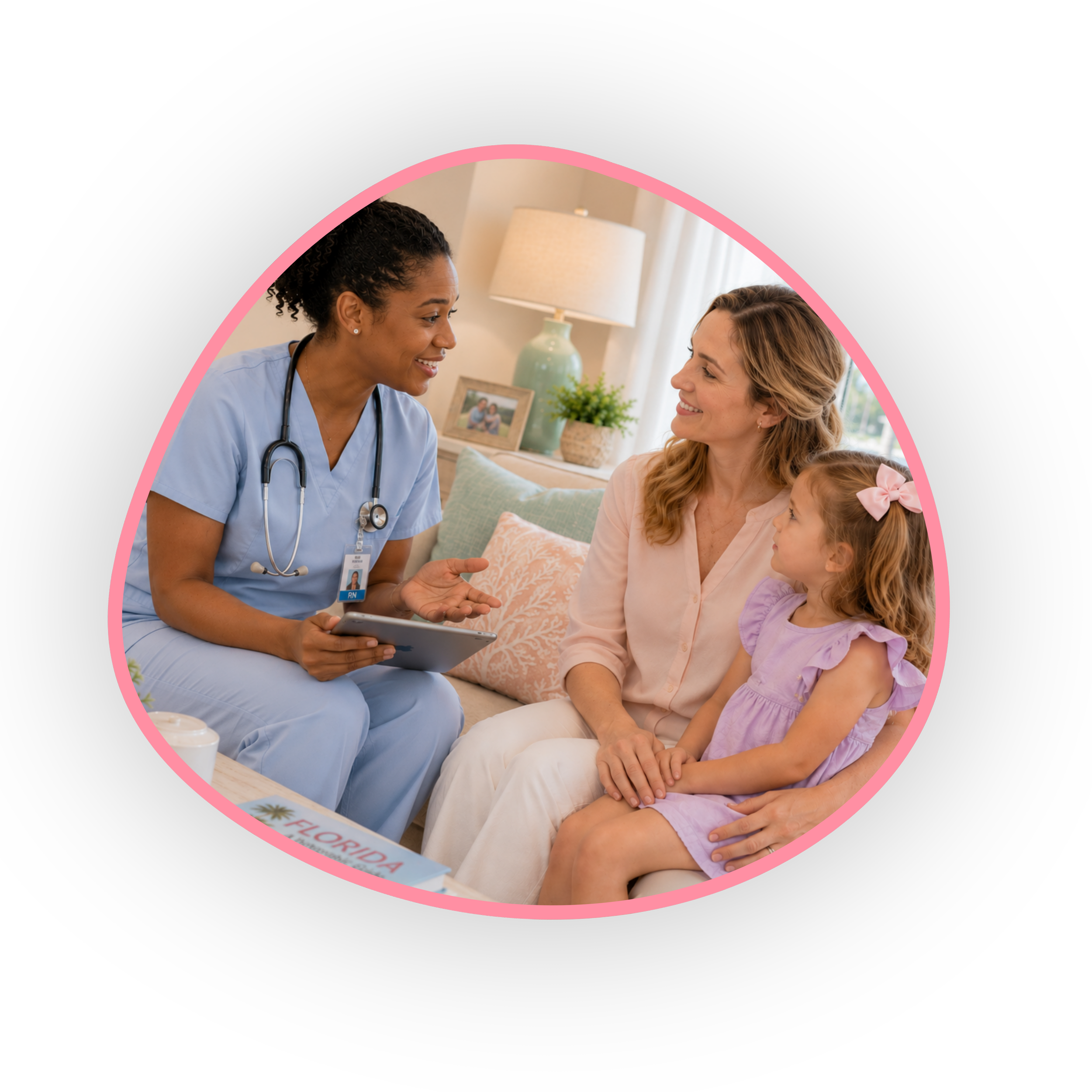 A nurse in scrubs with a stethoscope talking to a woman and a young girl in a medical setting, with a lamp, a small framed photo, and a potted plant in the background.