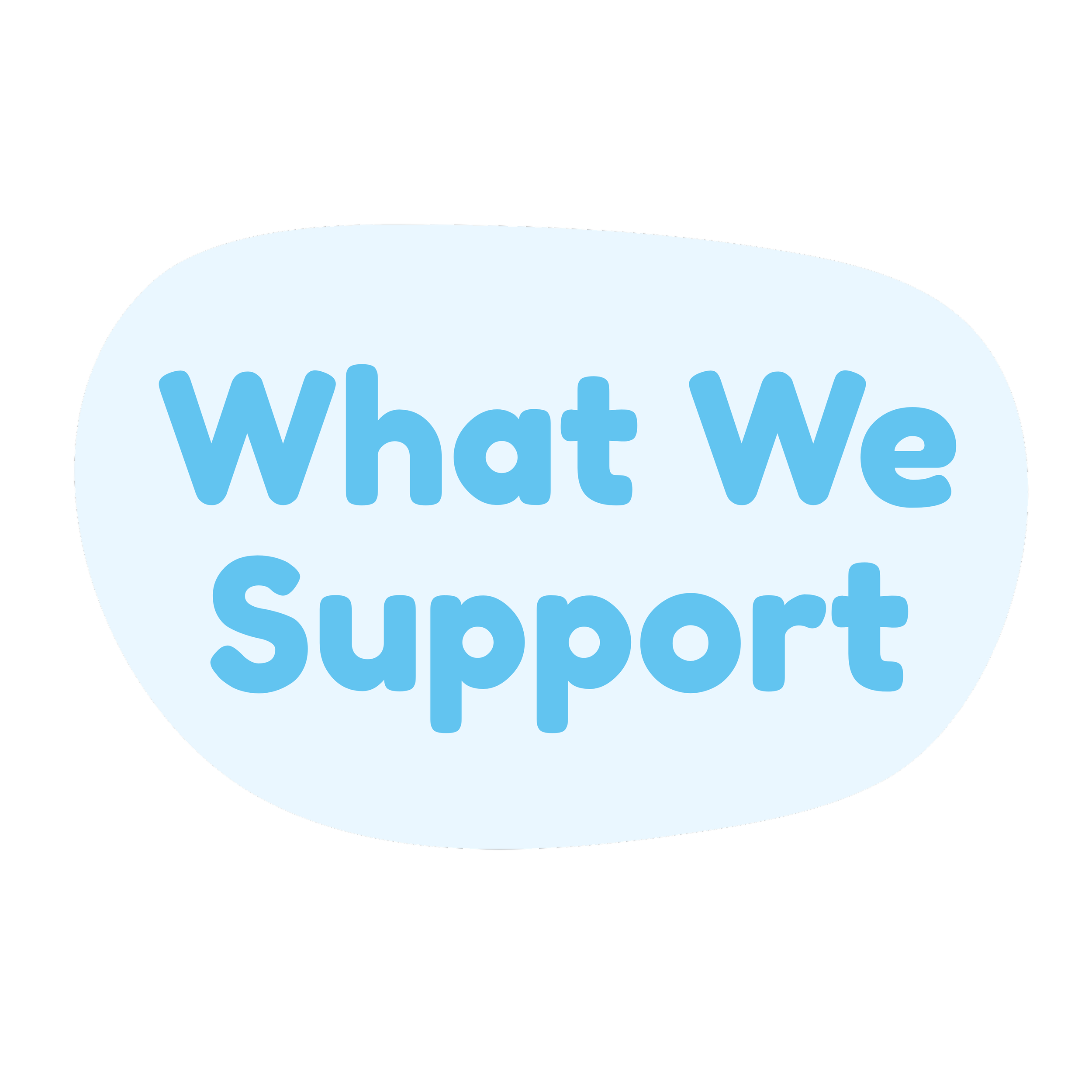 A circular graphic with a blue background and large light blue text that says "What We Support."