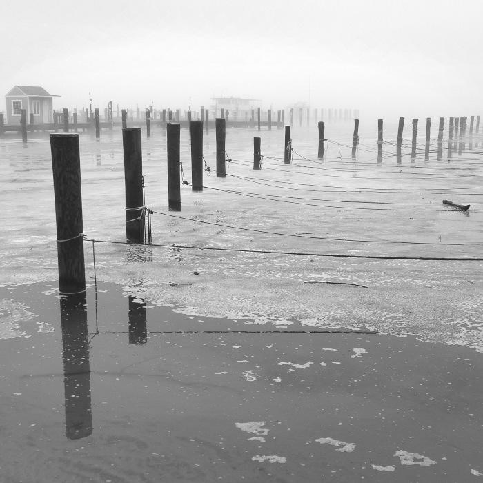 Foggy waterfront scene with wooden pilings and ropes, with a building in the distance and a small boat floating near the shore.