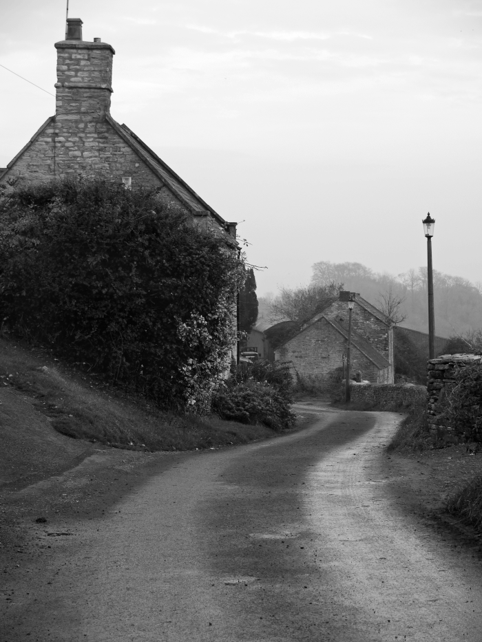A black and white photo of a rural village road with stone houses, shrubbery, and a streetlamp.