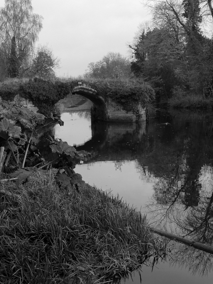 A black-and-white photo of a small stone bridge over a calm river, surrounded by trees and plants, with reflections visible in the water.