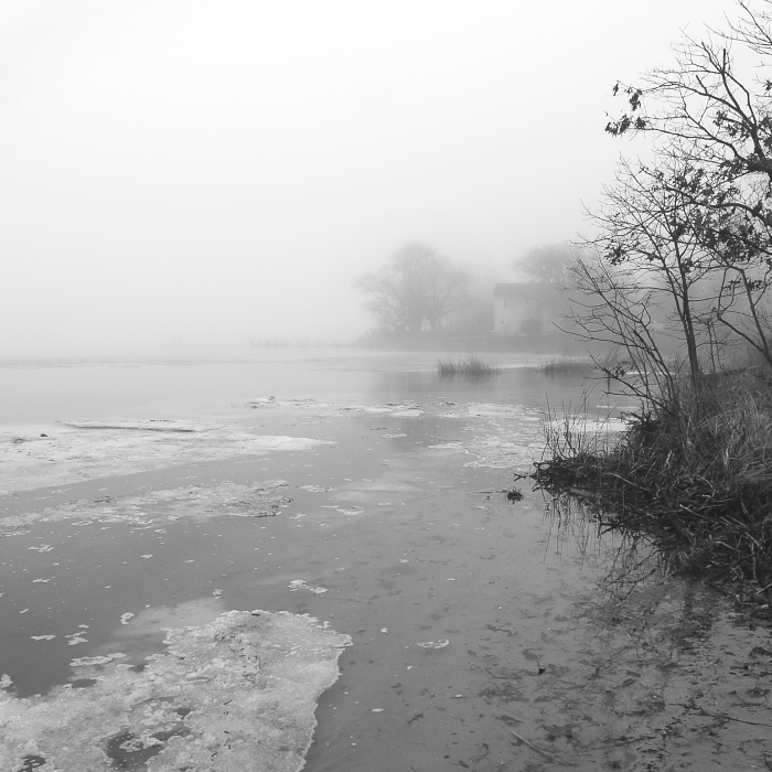 A foggy winter scene of a partially frozen river with a few trees and shrubs along the shoreline, and a house faintly visible in the distance.
