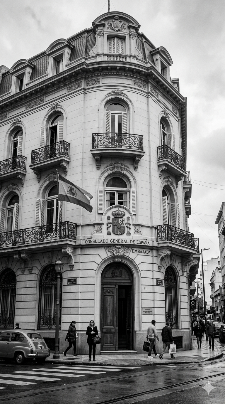 Edificio histórico en la esquina de una calle, con bandera de España y cartel que indica el consulado general de España y embajada, varias personas caminando en la acera y un coche antiguo estacionado.