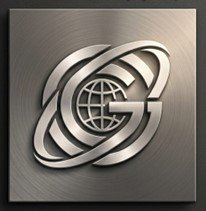 Logotipo metálico de una agencia de viajes o turismo con un globo terráqueo y un planeta orbitando, en tonos plateados.
