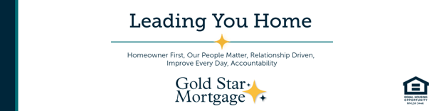 Text from a website header for 'Leading You Home' by Gold Star Mortgage, with a logo of a house and stars, and a slogan about homeowner relationships and accountability.