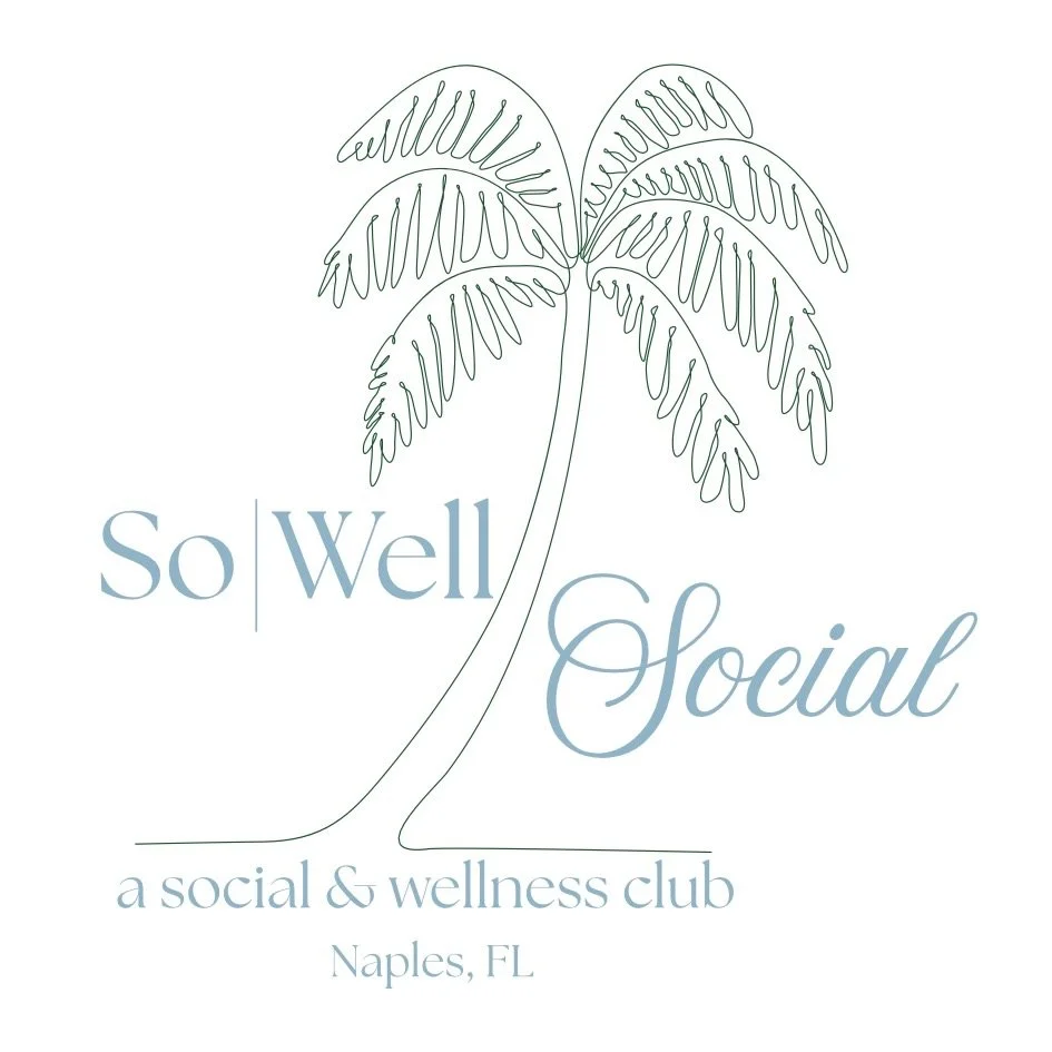 Logo for So Well Social, a social and wellness club in Naples, Florida, featuring a minimalist palm tree illustration and elegant blue text.