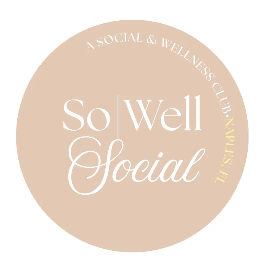 Logo of So Well Social, a social and wellness club in Naples, Florida, with a beige circular background and white and yellow text.