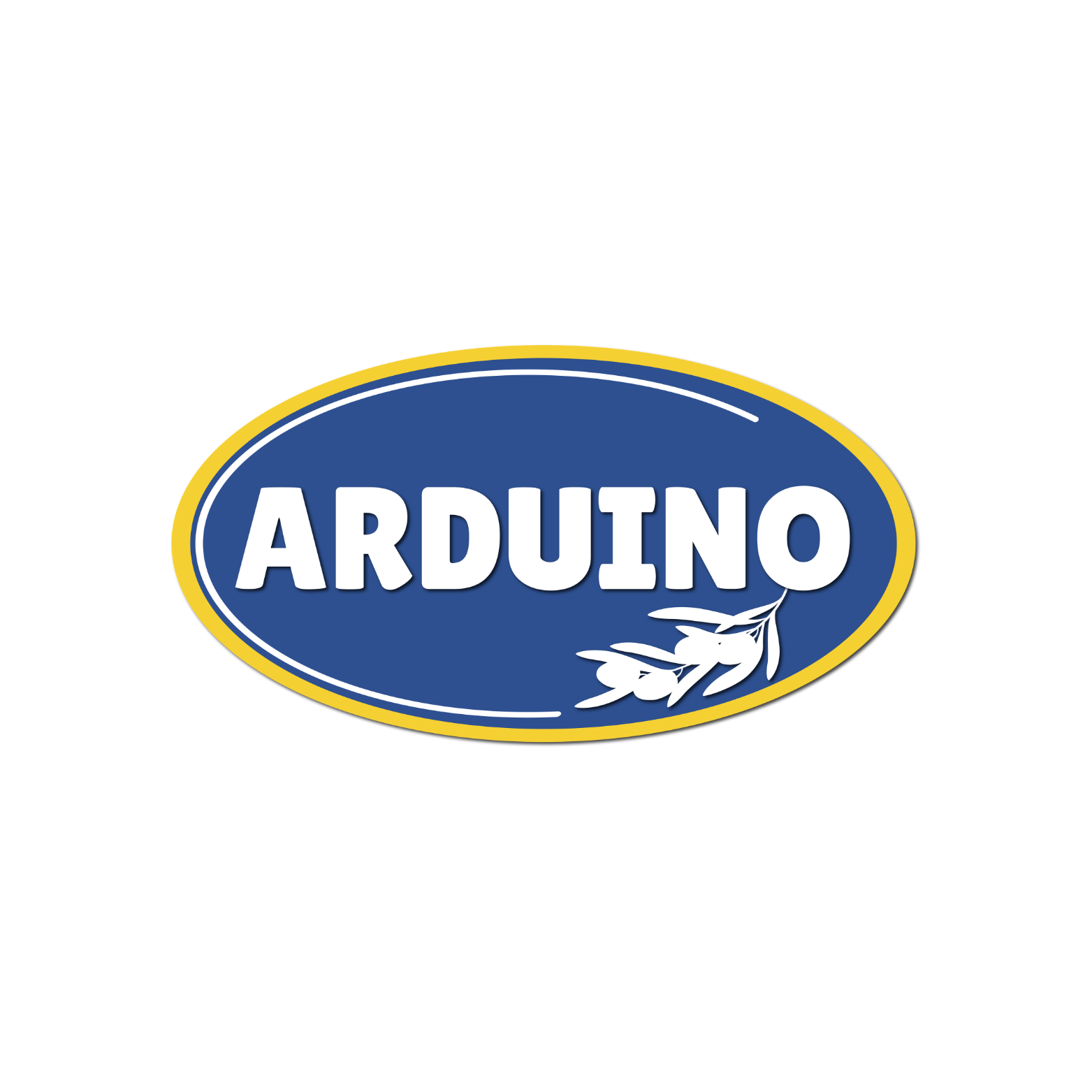 Logo del marchio Arduno con sfondo nero, scritta bianca su sfondo blu, contorno giallo, decorato con una foglia di arancia in bianco.