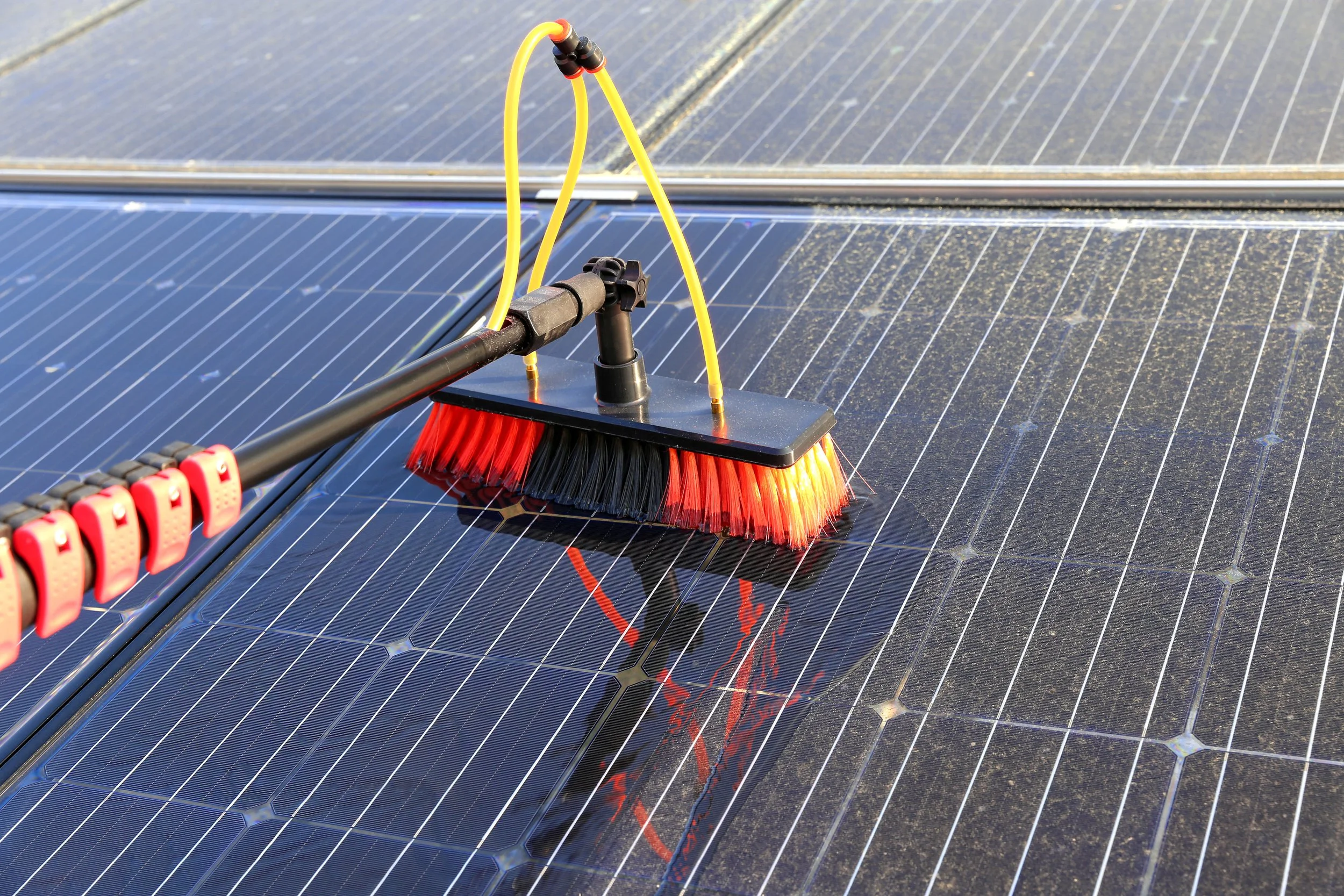 Solar panel cleaning with deionized water.