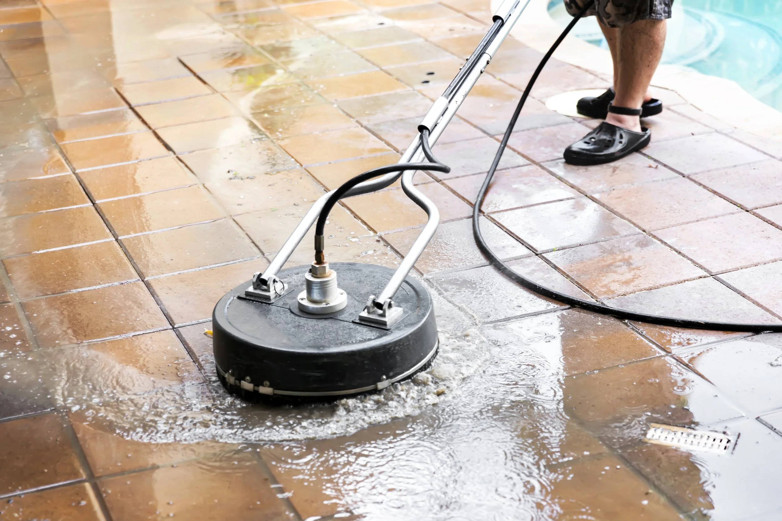 Commercial surface cleaner visibly demonstrating the increased flow and cleaning power compared to homeowner equipment.