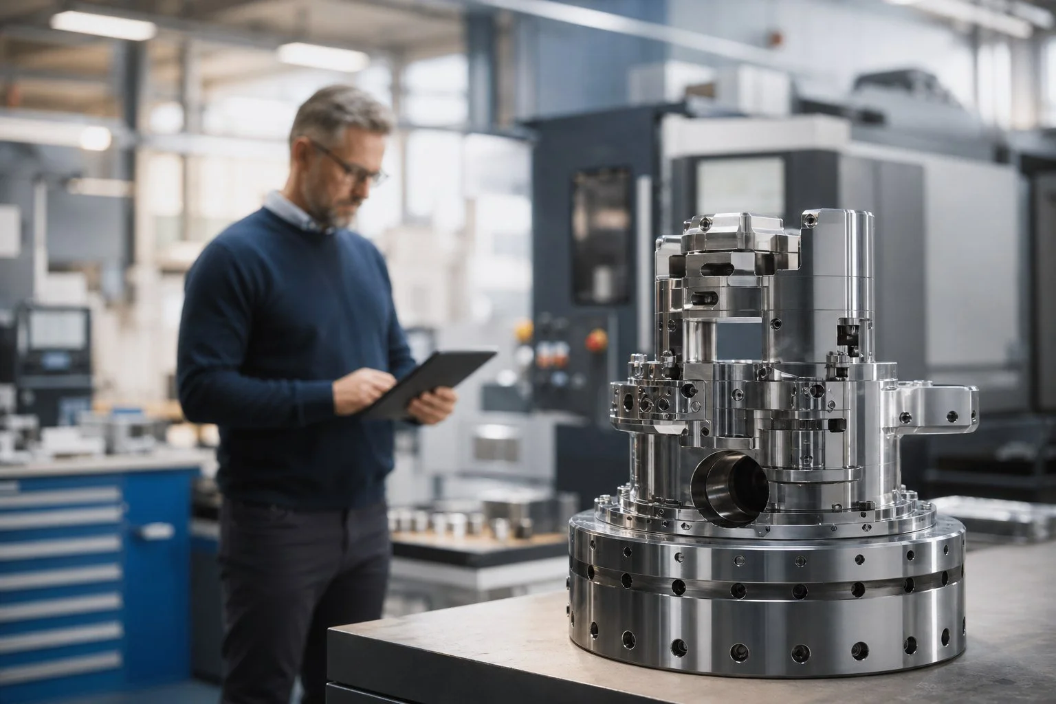 Precision-machined assembly with a manufacturing systems consultant reviewing plant data