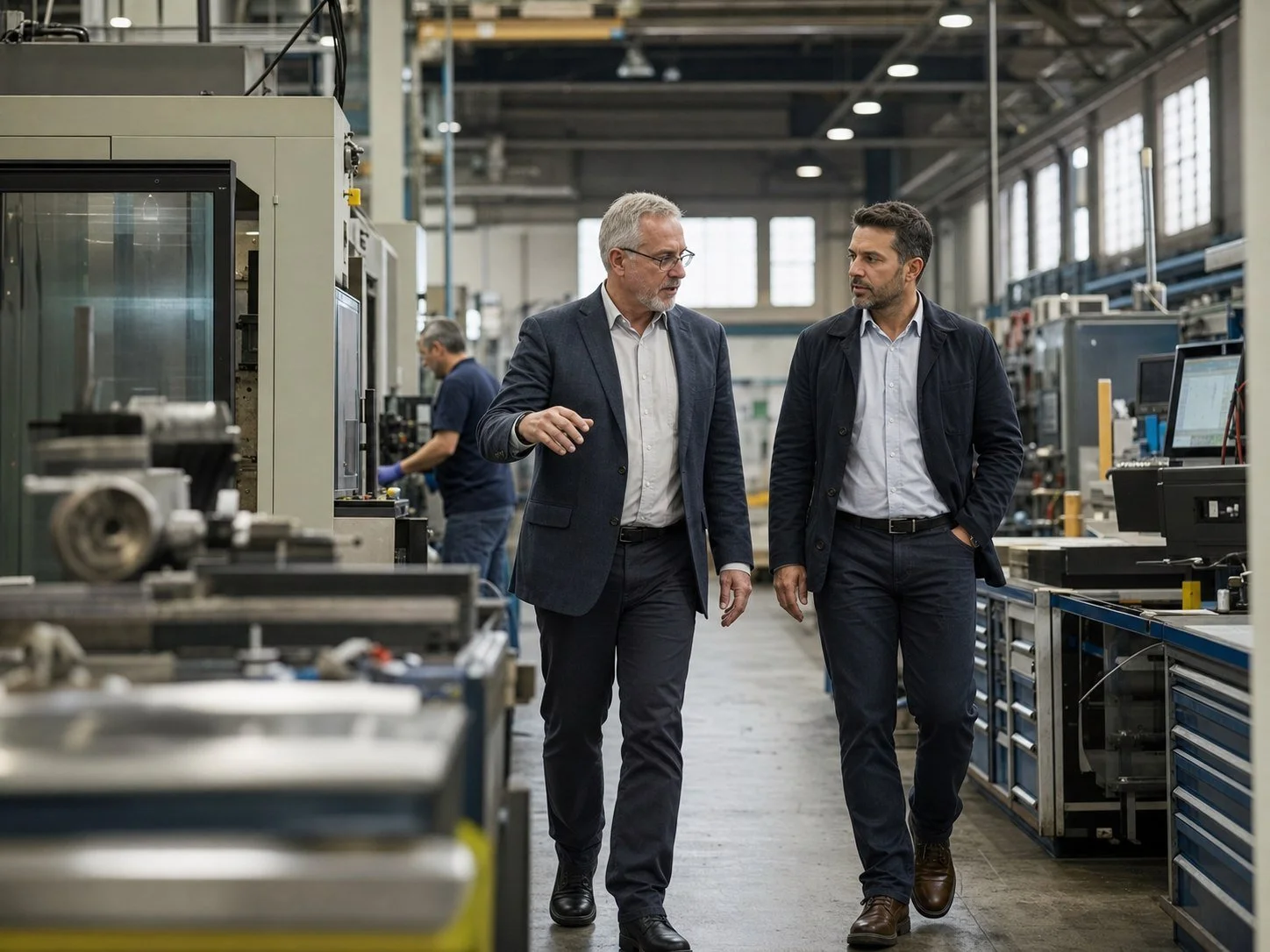 Experienced manufacturing consultant walking the plant floor with an operations leader