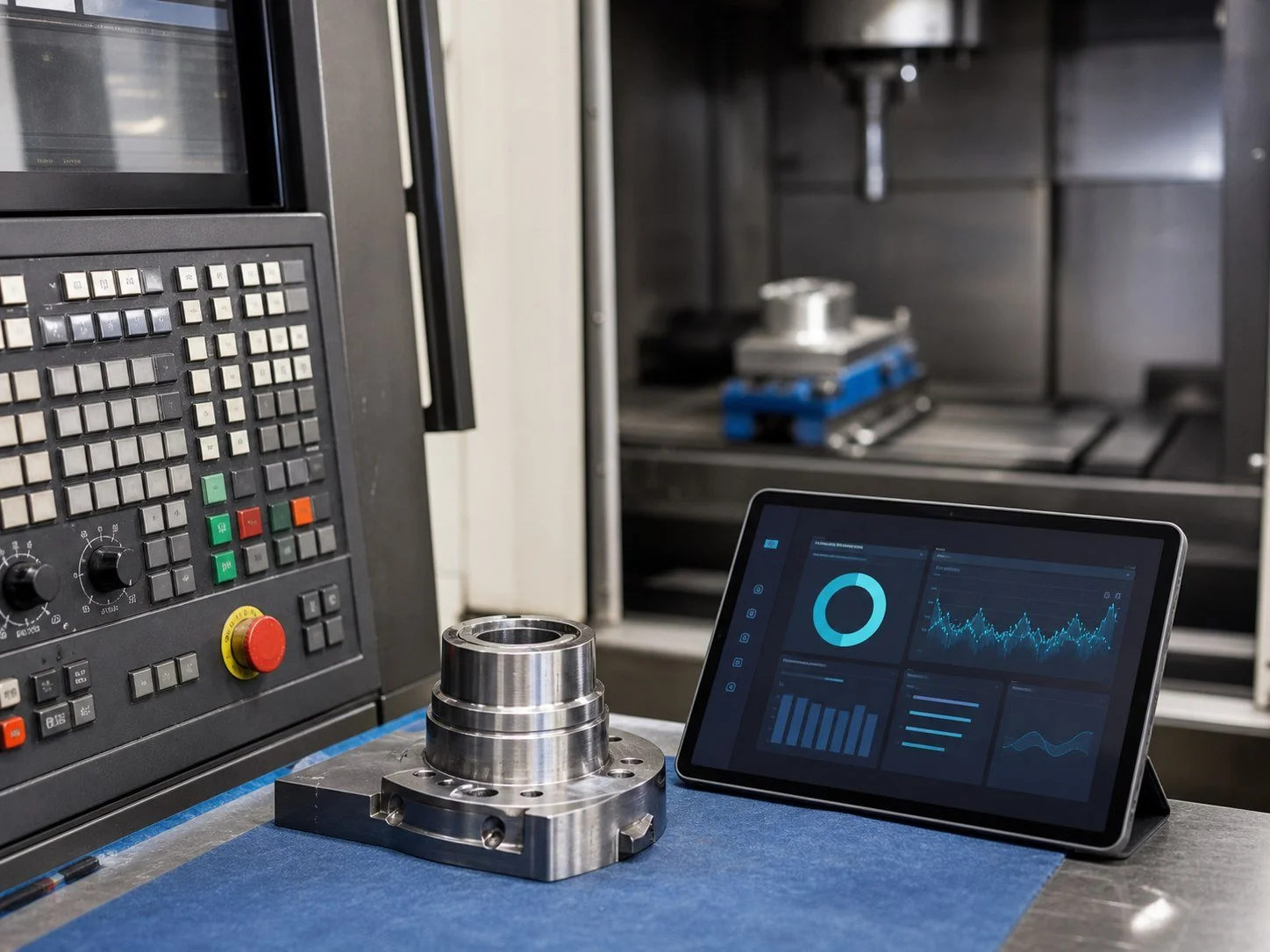 Proven CNC equipment connected to a modern manufacturing visibility dashboard