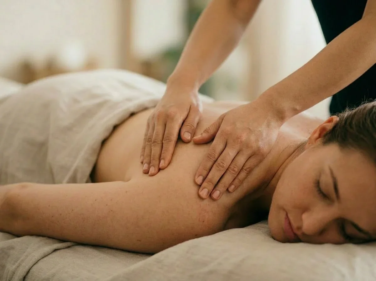 Massage therapist working across a client's shoulders — therapeutic massage at Itsa Salon spa in Puyallup, WA