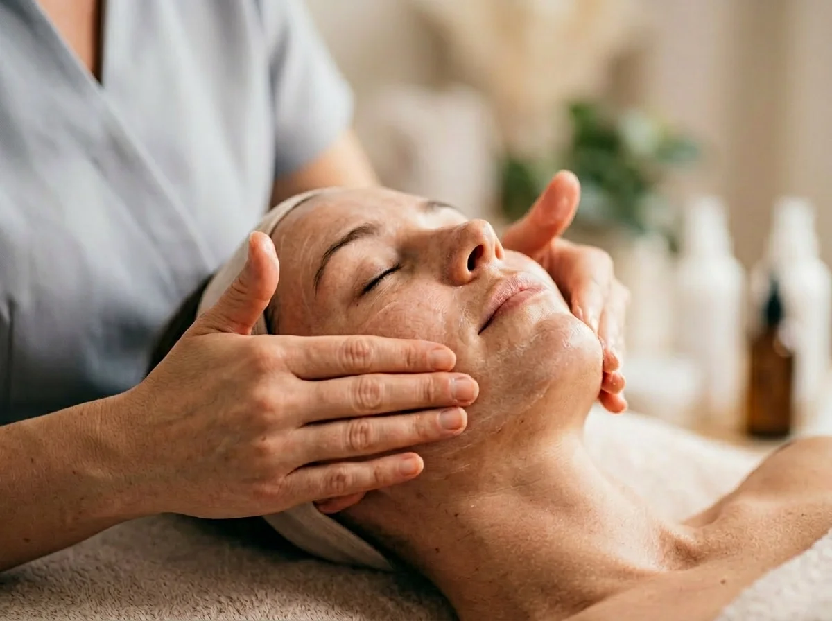 Esthetician applying a facial treatment to a relaxed client — skincare and facials at Itsa Salon spa in Puyallup, WA