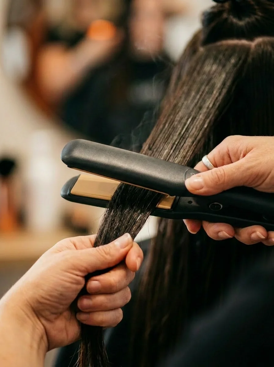 Stylist sealing a keratin smoothing treatment into dark hair with a flat iron — keratin treatments at Itsa Salon in Puyallup, WA
