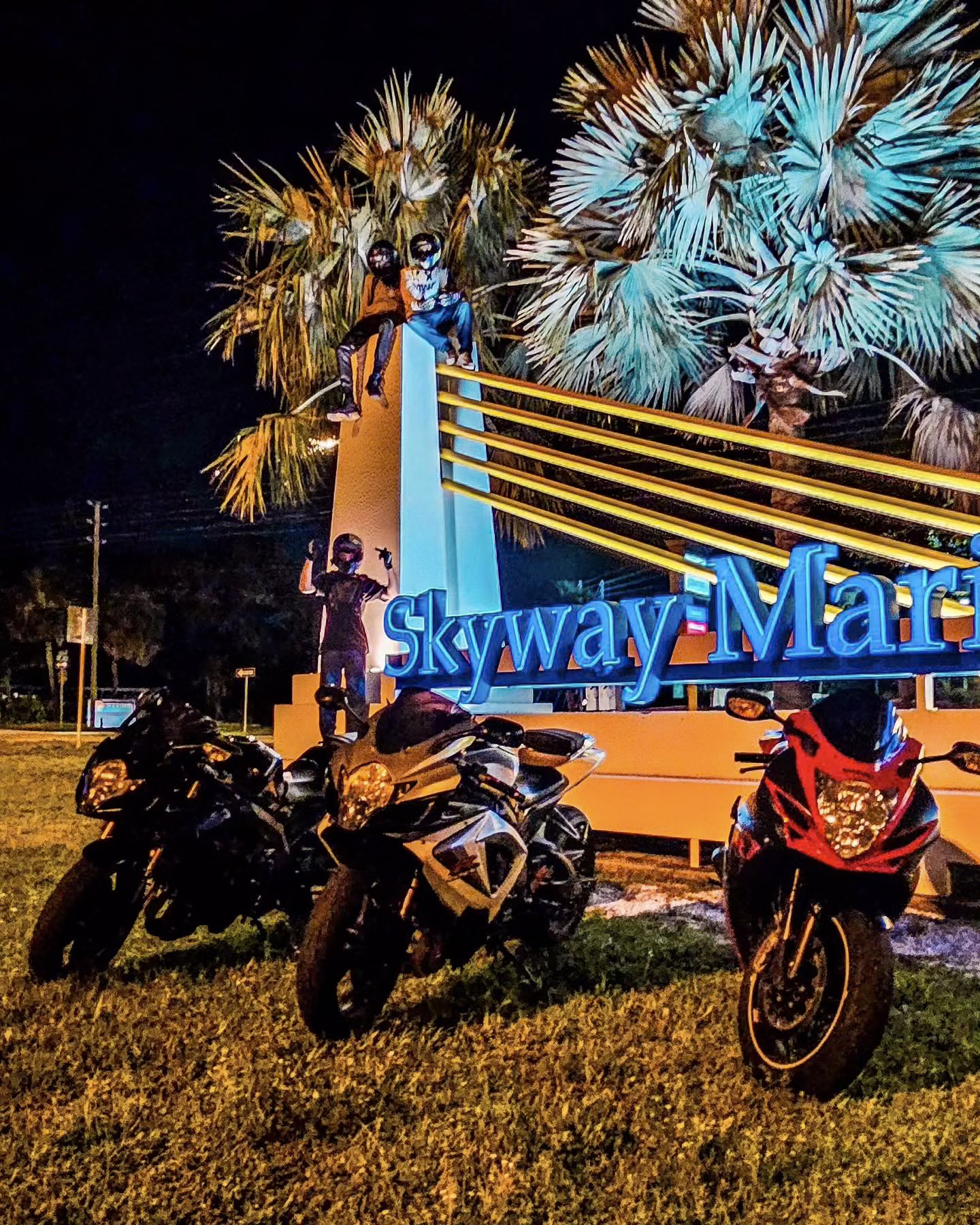 Nighttime scene at Skyway Mar, with a large illuminated sign, palm trees in the background, and several parked motorcycles in the foreground.