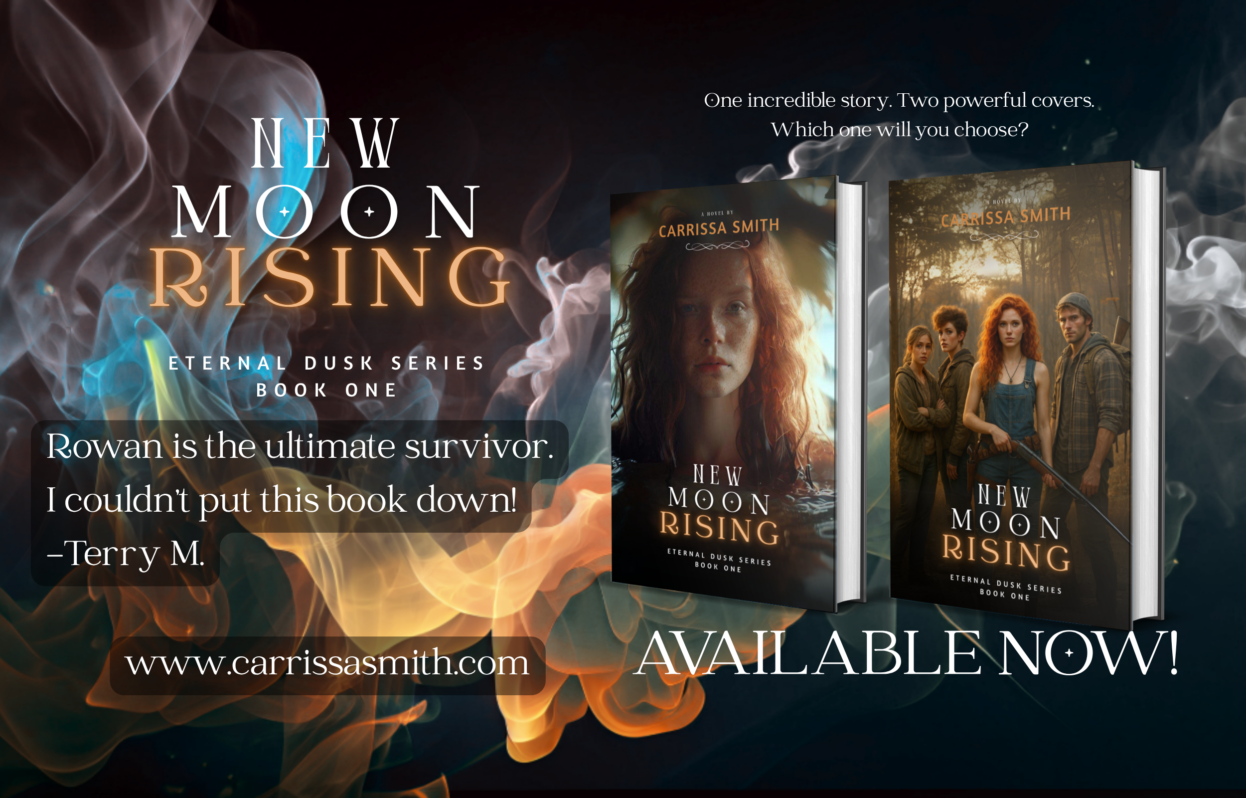 Digital advertisement for the book 'New Moon Rising' by Carrissa Smith, featuring a quote from Terry M. and images of the book cover with a forest background and a woman with red hair on the cover.