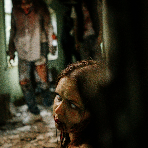 A woman with blood on her face and a distressed expression, in a room with mannequins or figures dressed in costumes in the background, creating a horror or zombie-like scene.