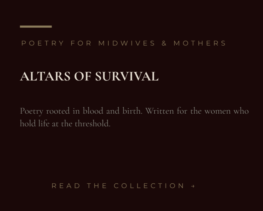 A dark book cover with gold and white text titled "Altars of Survival" - poetry for midwives and mothers, emphasizing blood and birth themes.