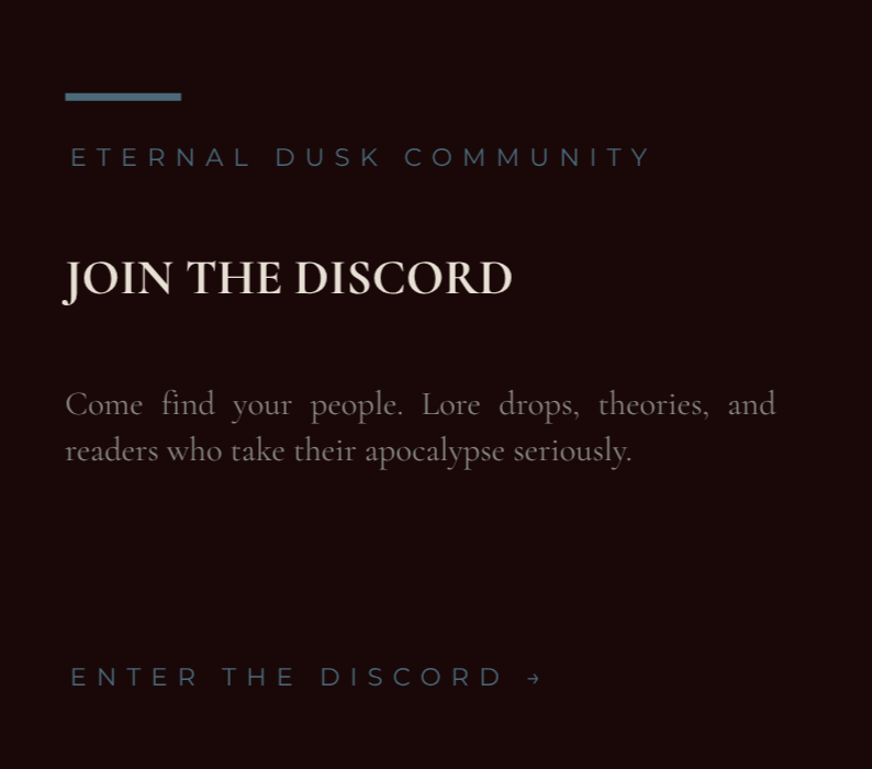 Dark-themed promotional webpage for 'Eternal Dusk Community' inviting users to join their Discord server, with a call-to-action to find people, share lore, theories, and read apocalyptic content.
