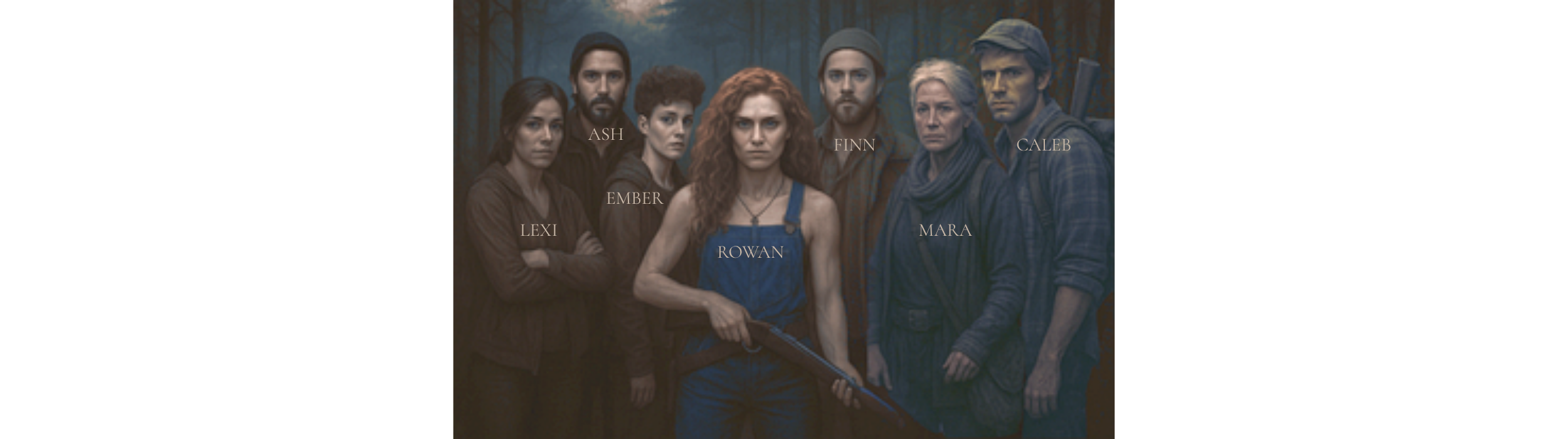 A group photo of seven people standing in front of a wooded background with serious expressions. Each person has a label with their name: Lexi, Ember, Ash, Rowan, Finn, Mara, Caleb. The woman in the center is holding a rifle.