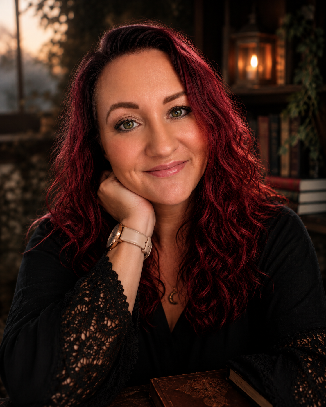 A woman with curly red hair and green eyes, smiling gently, resting her chin on her hand, wearing a black top with lace details, and a watch on her wrist, in a cozy, dimly lit room with books and a lantern in the background.