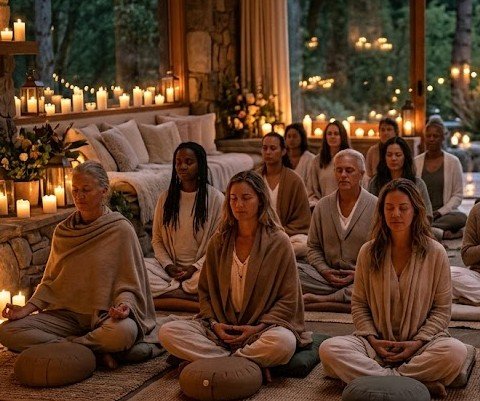 People practicing meditation in a cozy, candlelit room with large windows showing trees outside.