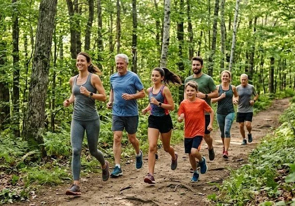 Group of six people running on a dirt trail through a green forest, enjoying outdoor exercise.